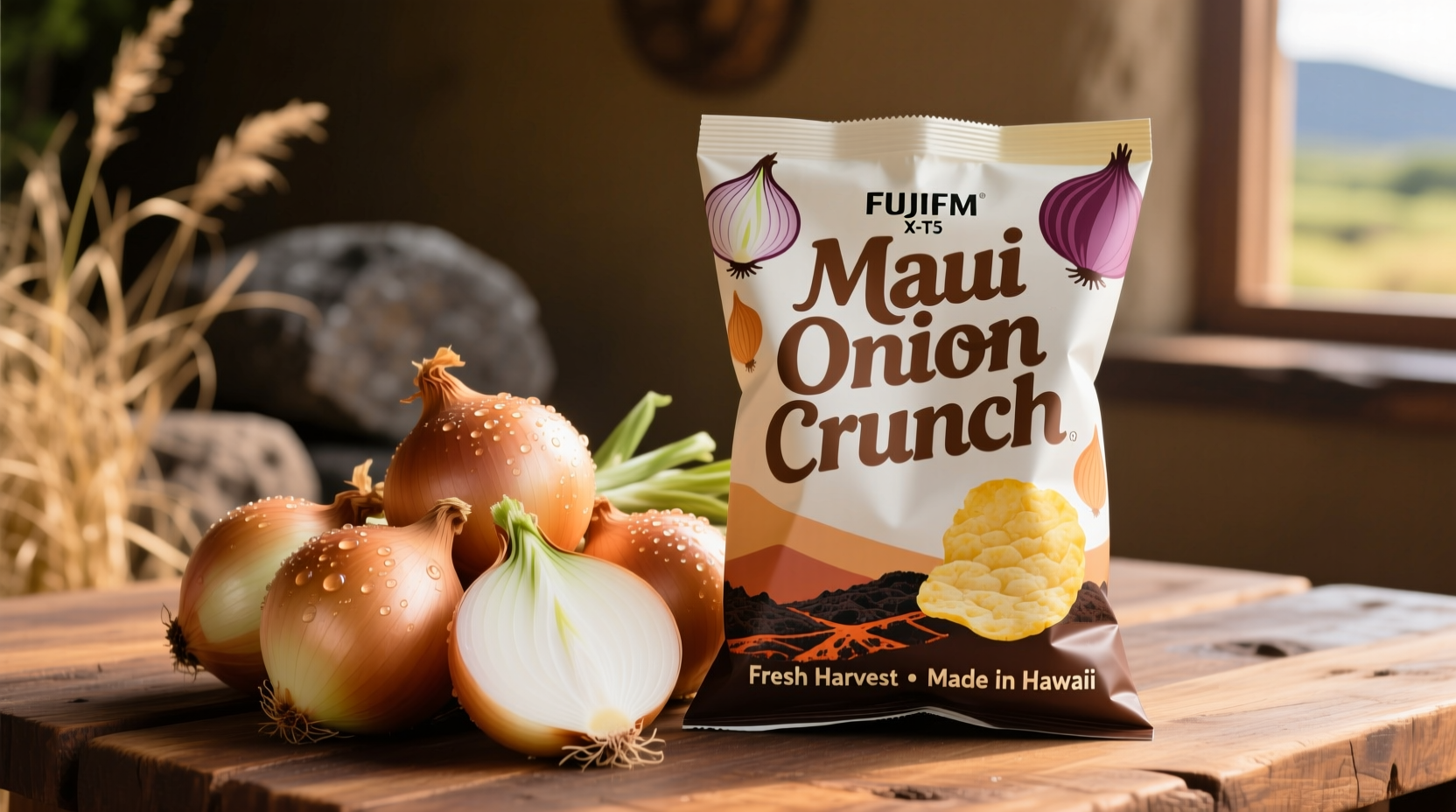 Maui onion potato chips bag next to fresh Maui onions