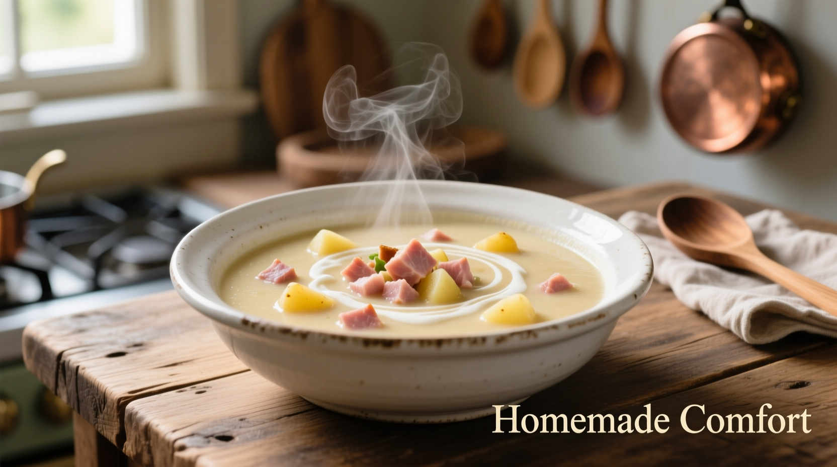 Creamy ham and potato soup in white bowl