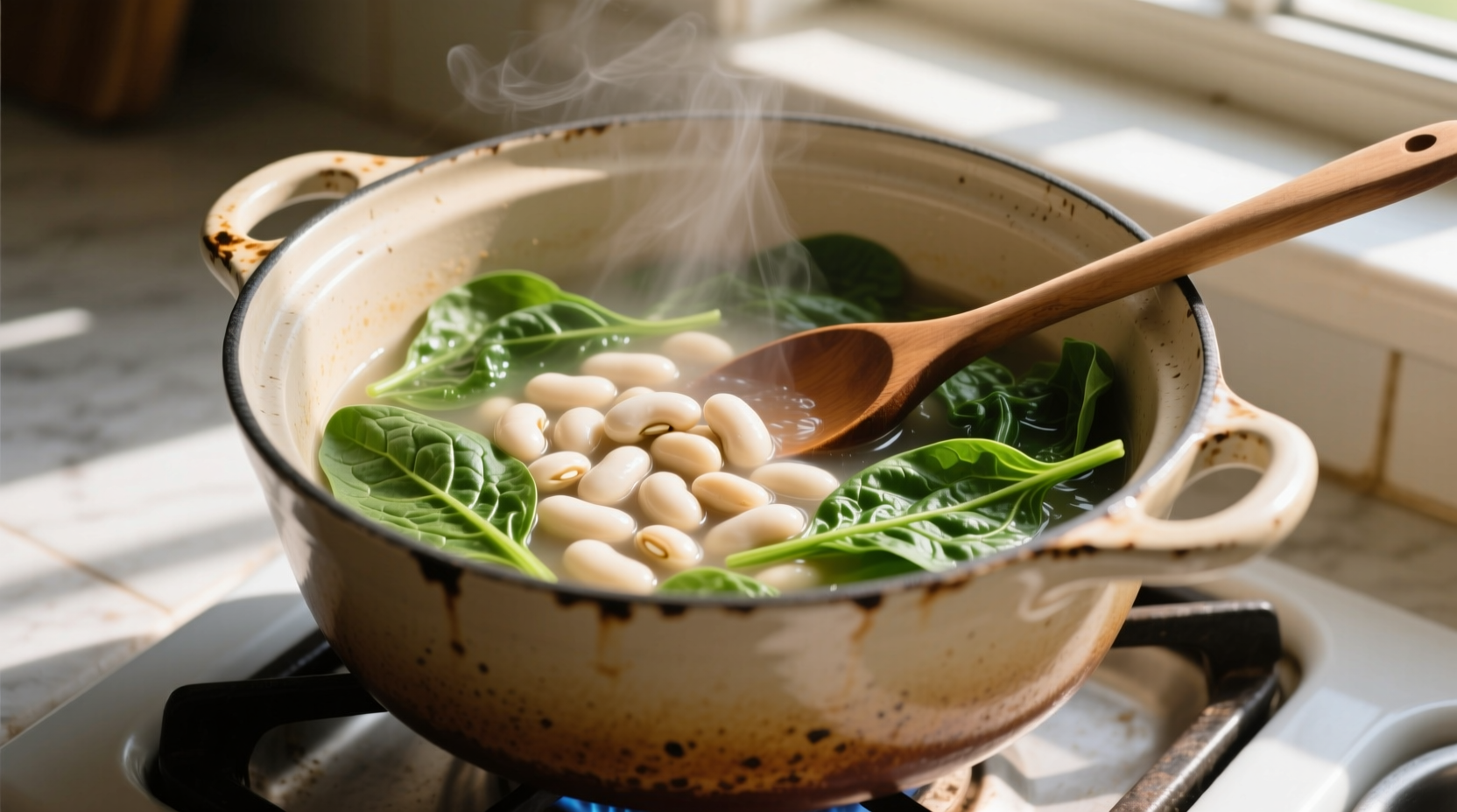 White beans and spinach simmering in a ceramic pot