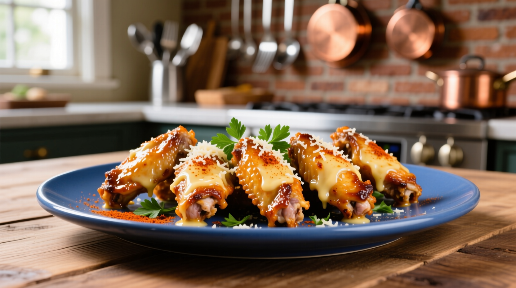Crispy golden garlic parmesan buffalo wings on blue plate