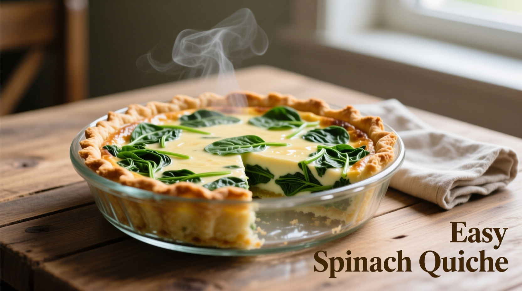 Easy spinach quiche in glass pie dish