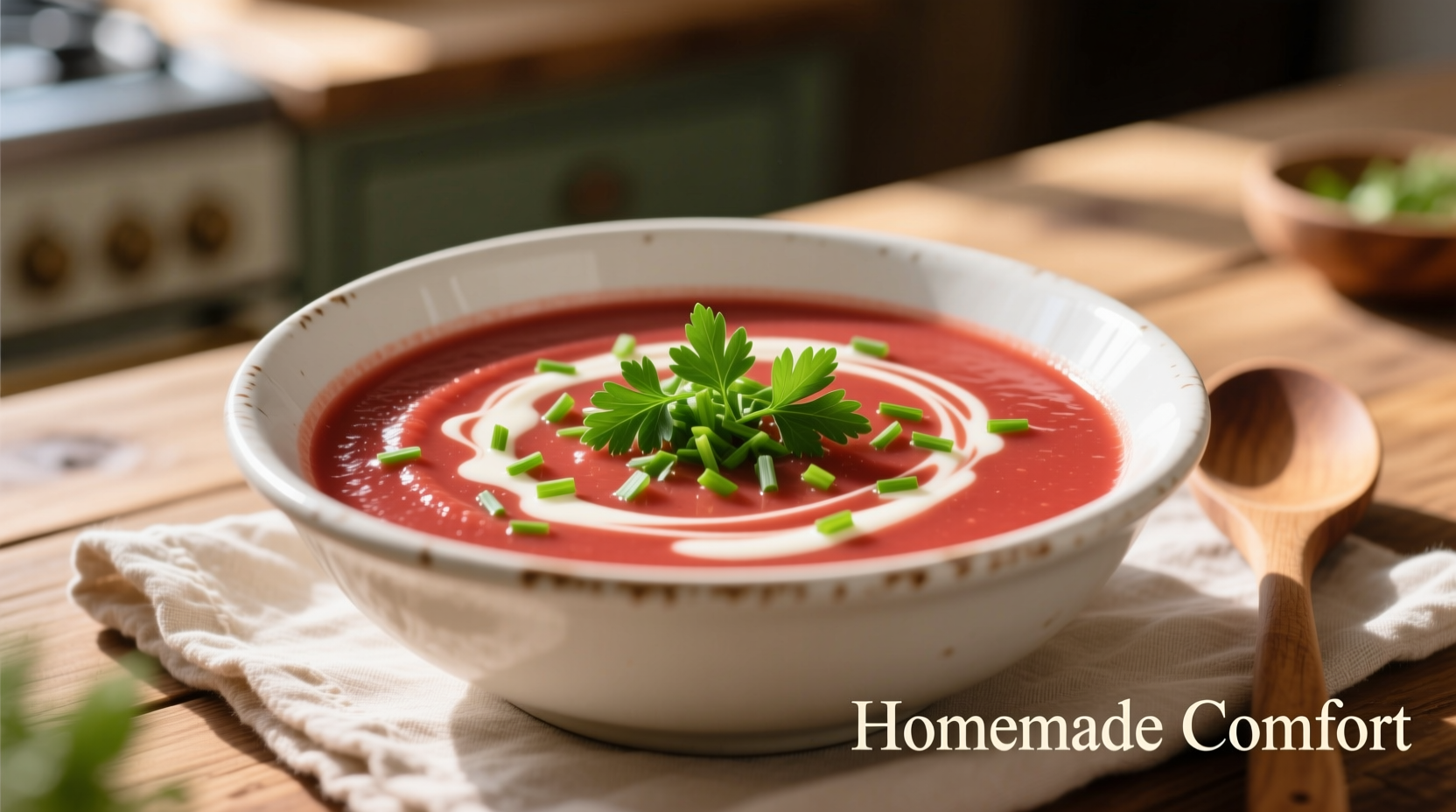 Creamy red potato soup in white bowl with fresh herbs