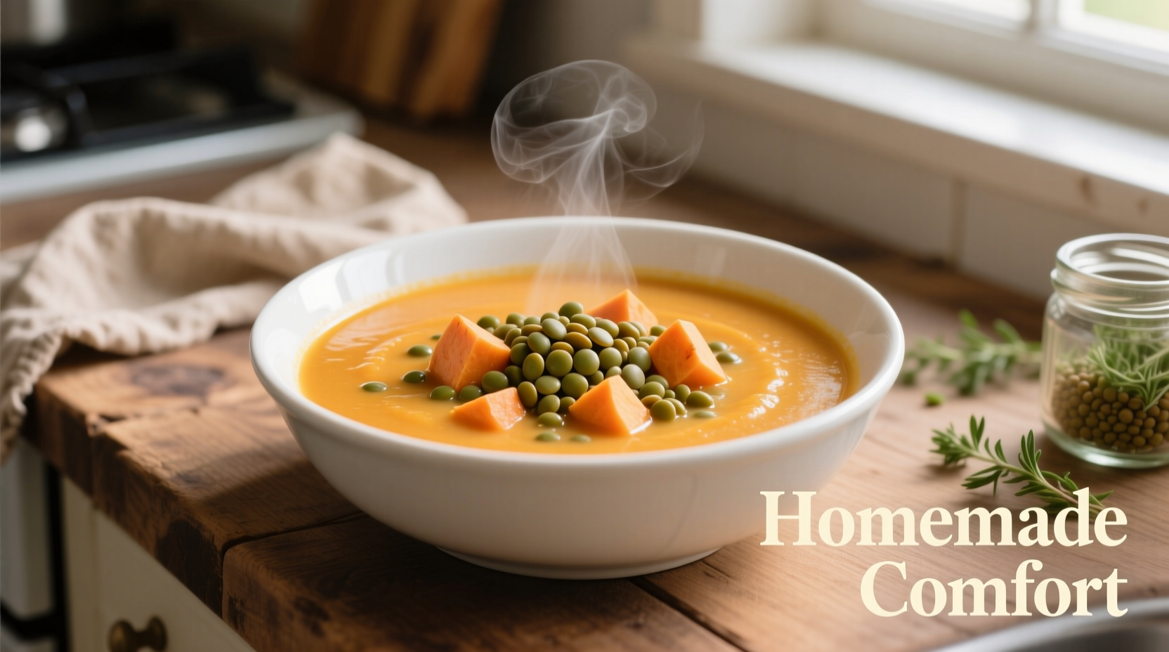 Creamy lentil and sweet potato soup in white bowl