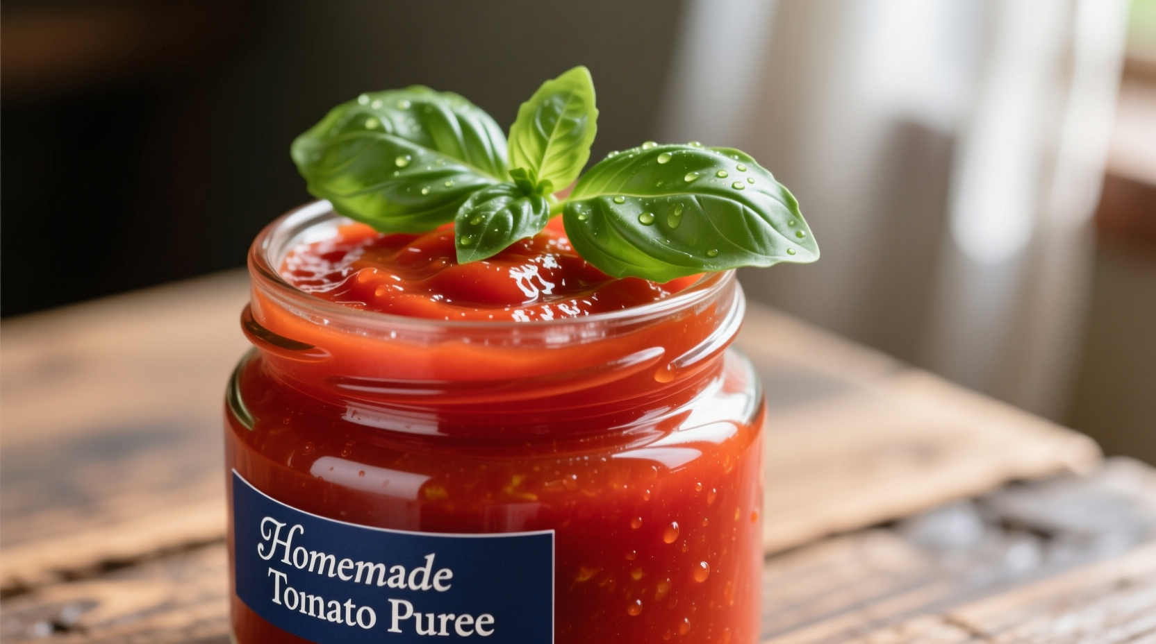 Smooth red tomato puree in glass jar with fresh basil
