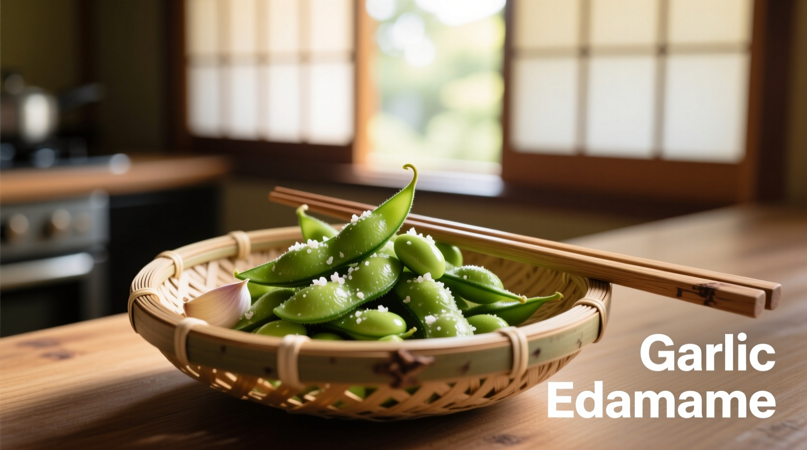 Fresh garlic edamame in a bamboo bowl with chopsticks