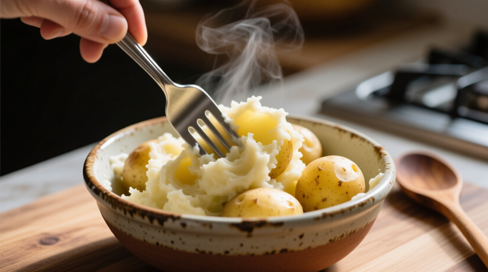 Hand mashing cooked potatoes with fork in ceramic bowl