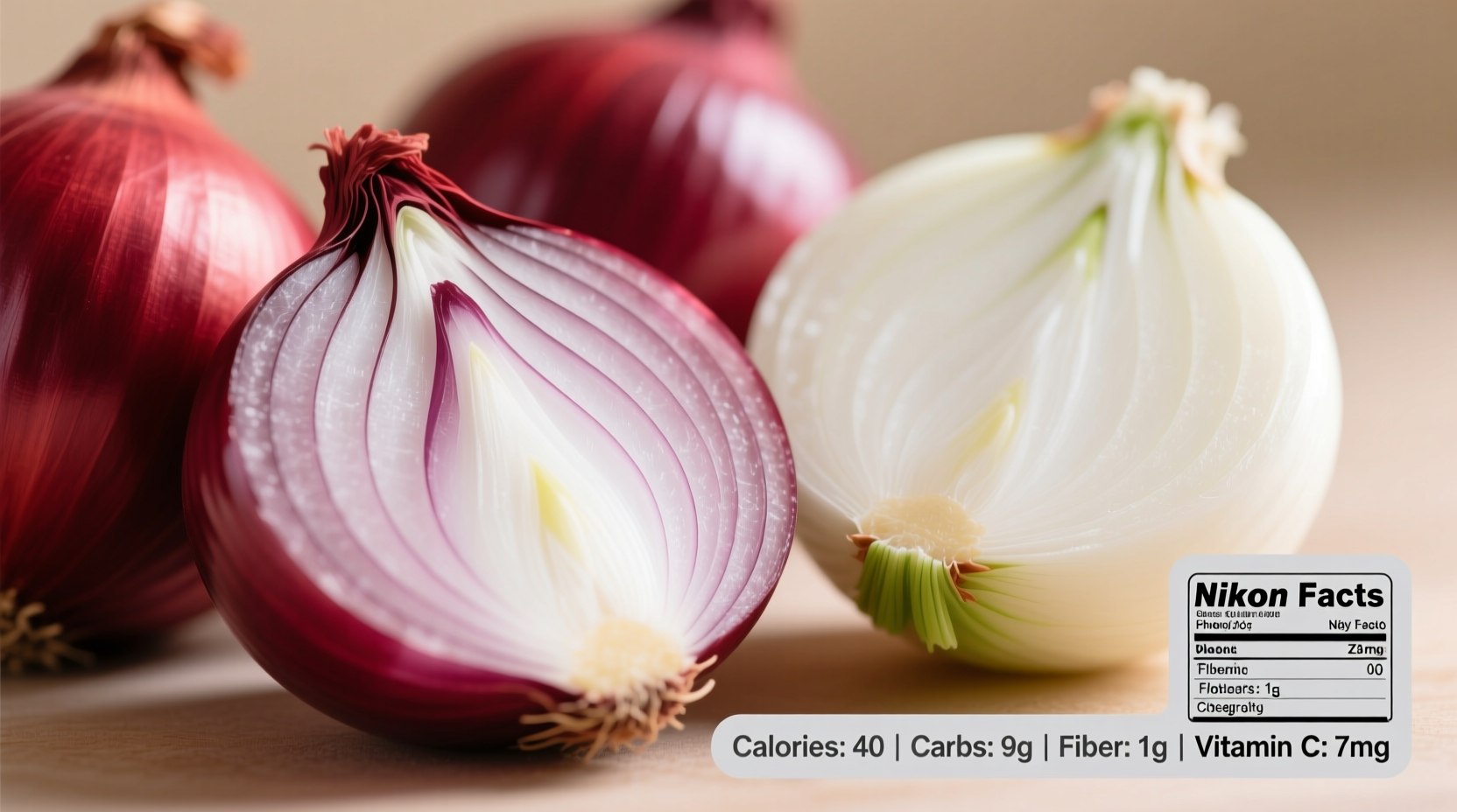 Close-up of fresh red and white onions with nutritional facts