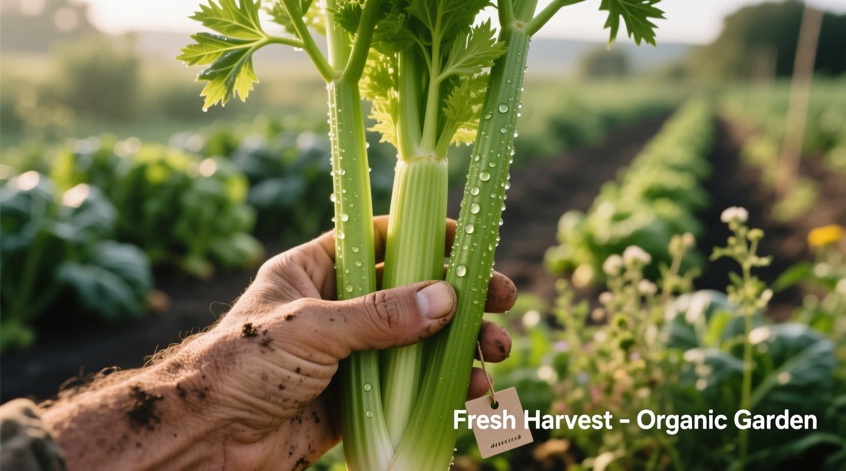 Close-up of hand harvesting mature celery stalks from garden