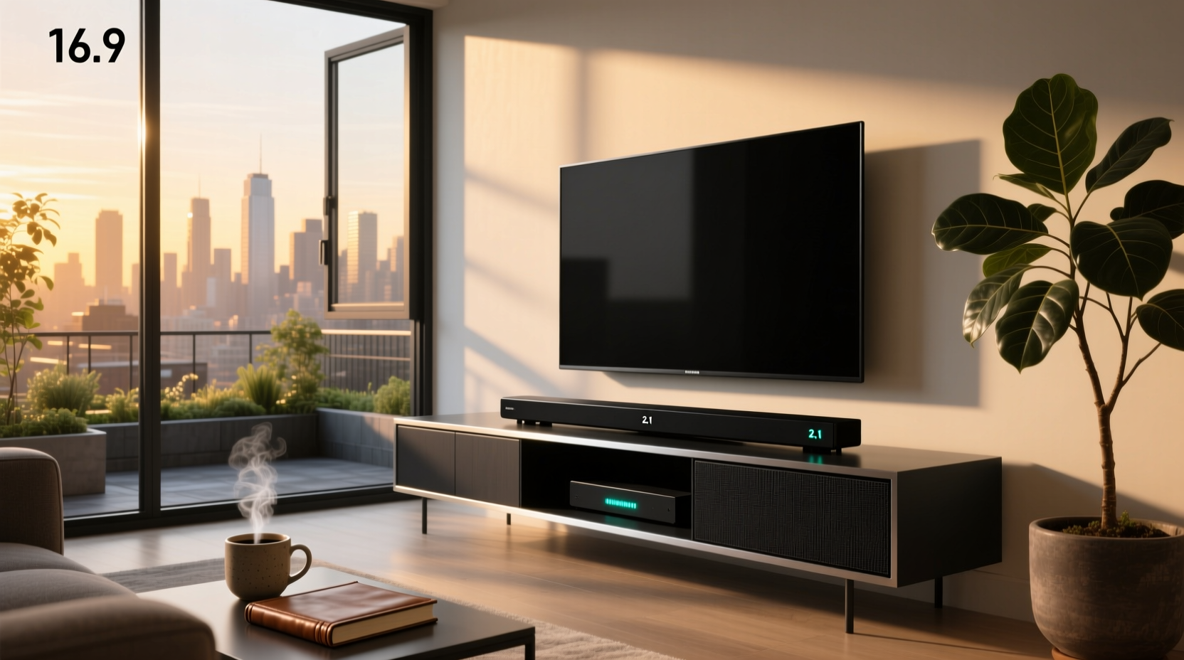 2.1 soundbar with subwoofer placed under a TV in a living room setting