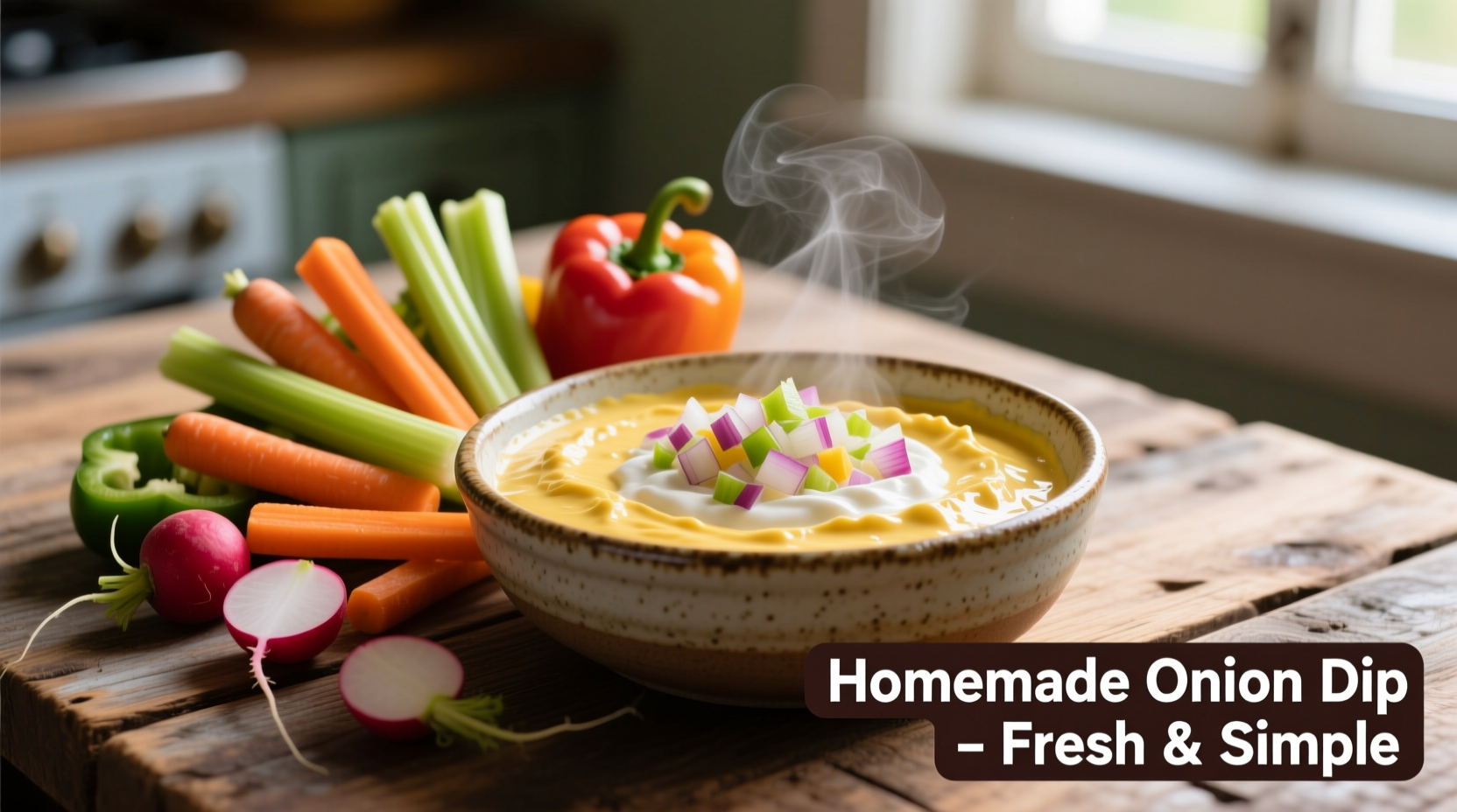 Homemade onion dip in bowl with vegetable sticks