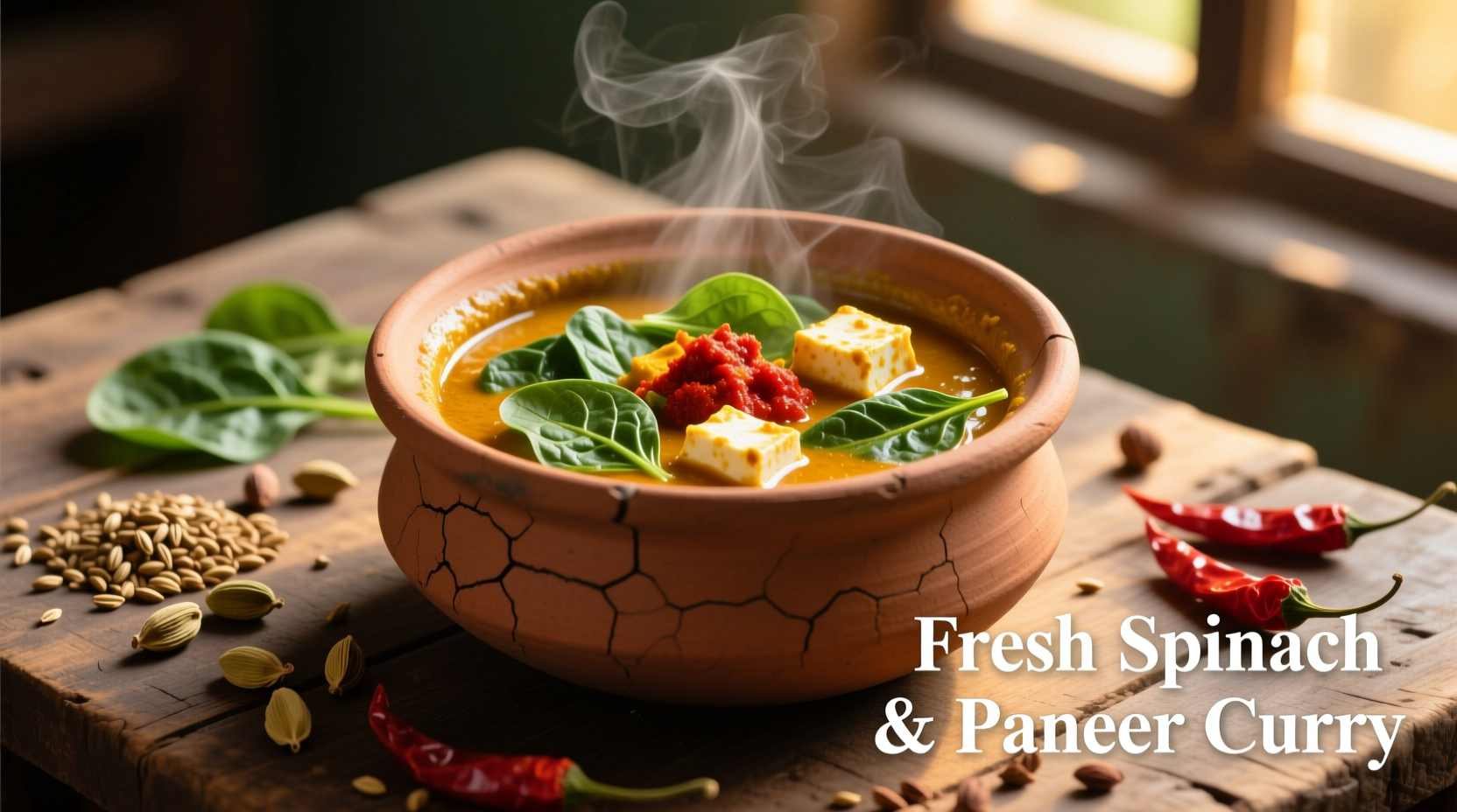 Fresh spinach and paneer curry in traditional clay pot