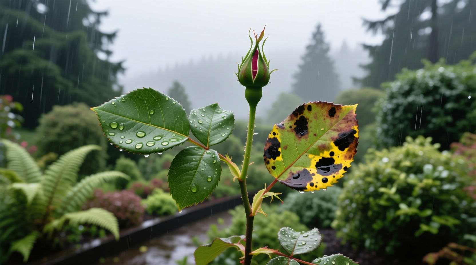 Side-by-side comparison of healthy vs diseased Portland rose leaves with black spot