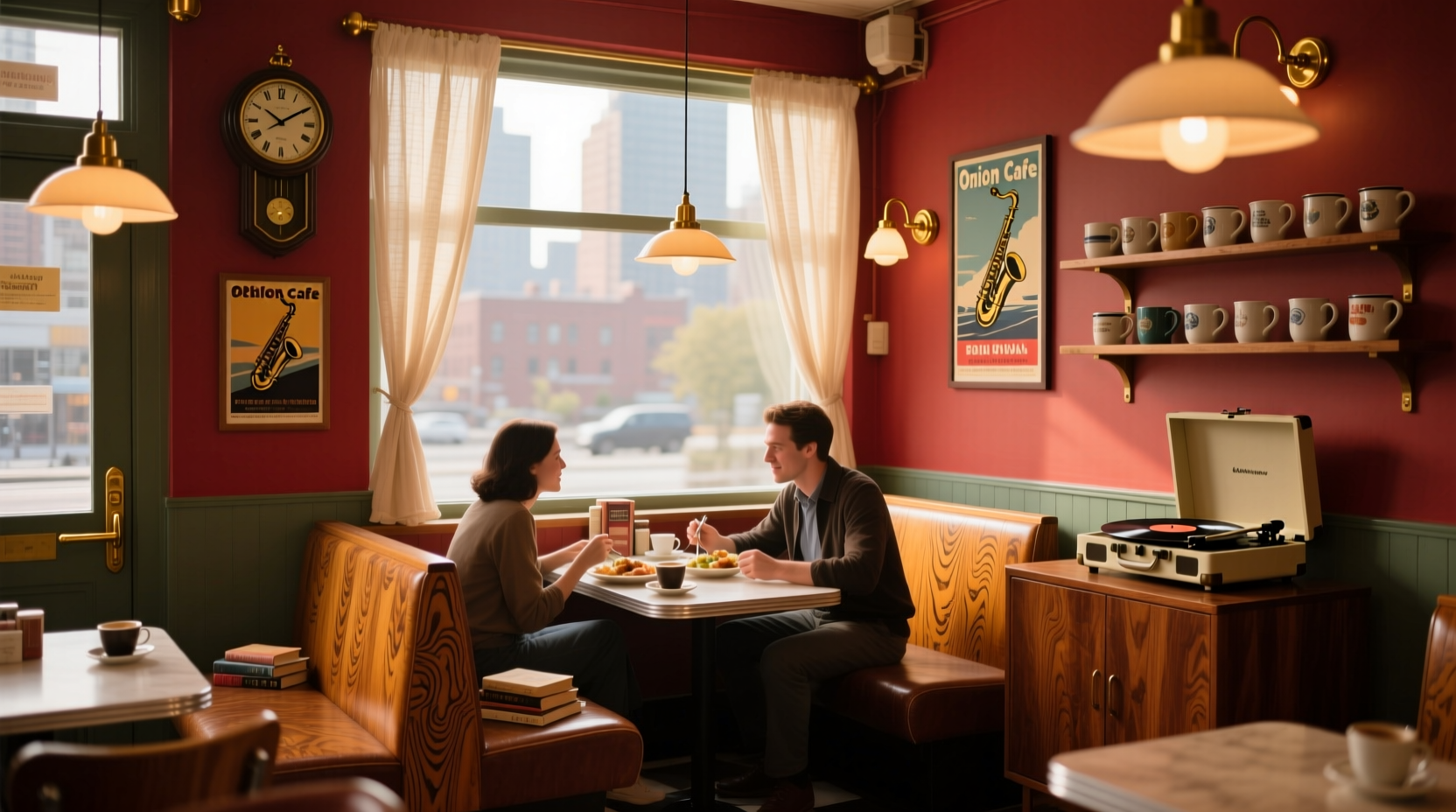 Red Onion Cafe interior with wooden booths and vintage decor