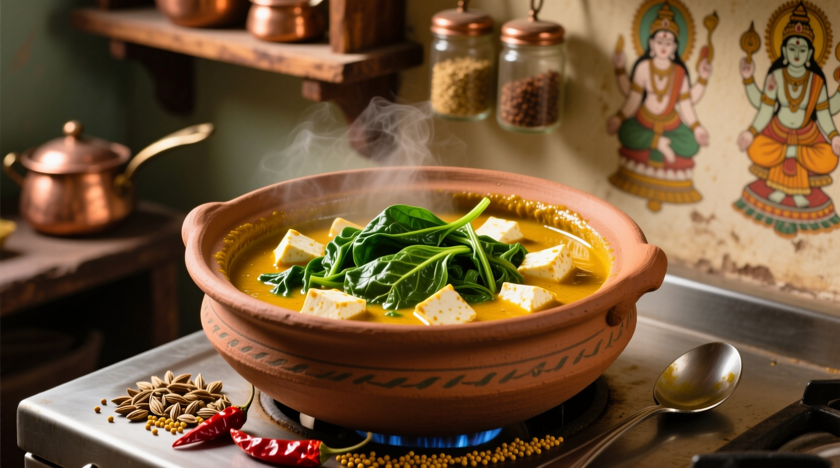 Fresh spinach and paneer cubes in traditional Indian cooking pot