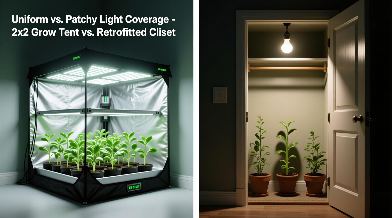 Side-by-side comparison showing uniform light coverage in a 2x2 grow tent versus patchy, shadowed illumination in a retrofitted closet with visible gaps around door frame and baseboard