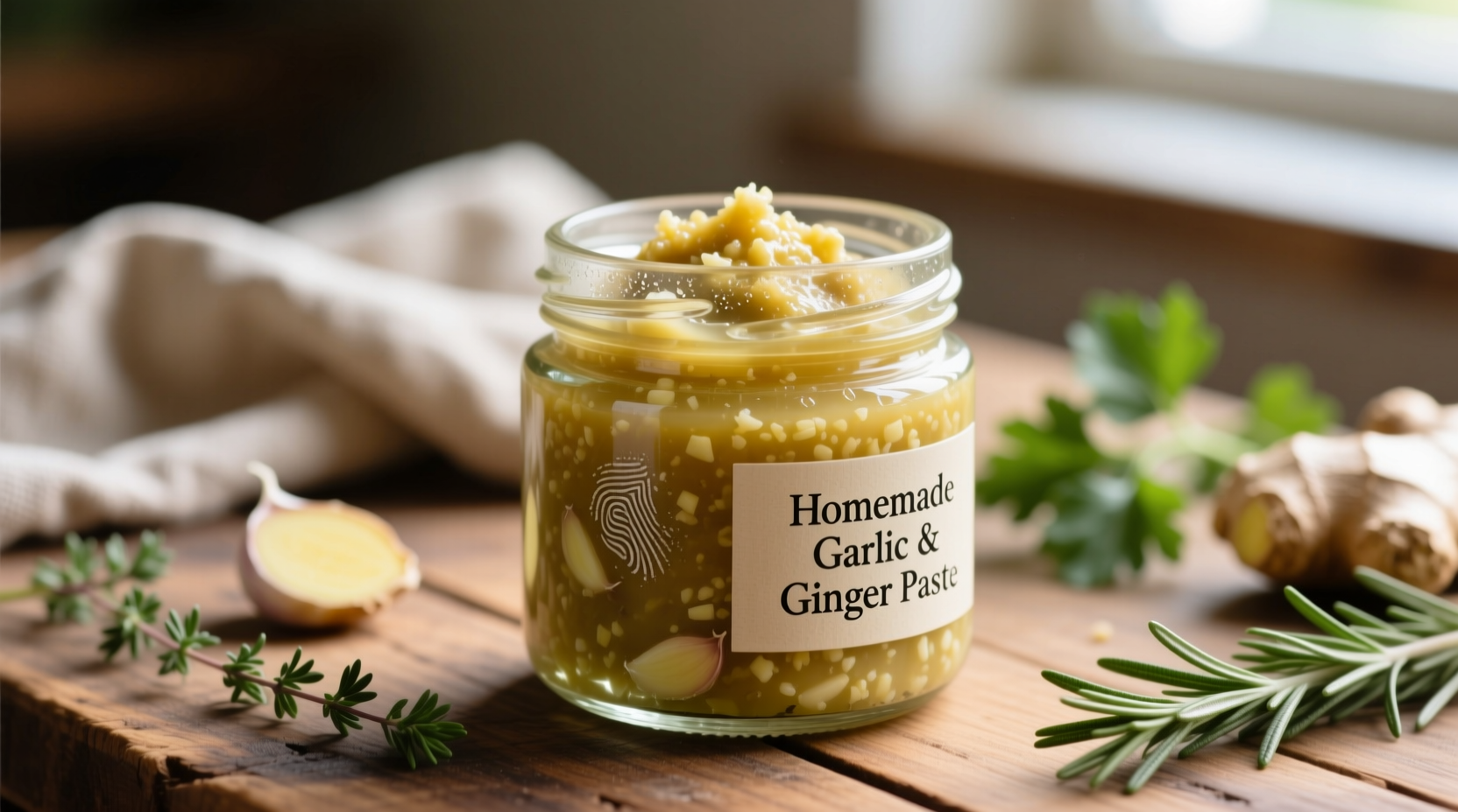 Fresh garlic and ginger paste in glass jar