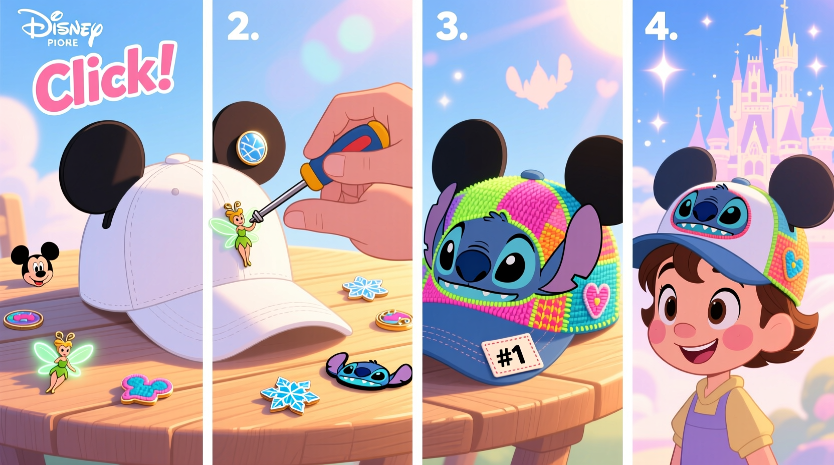 step by step guide to personalizing a plain hat with unique disney themed accessories