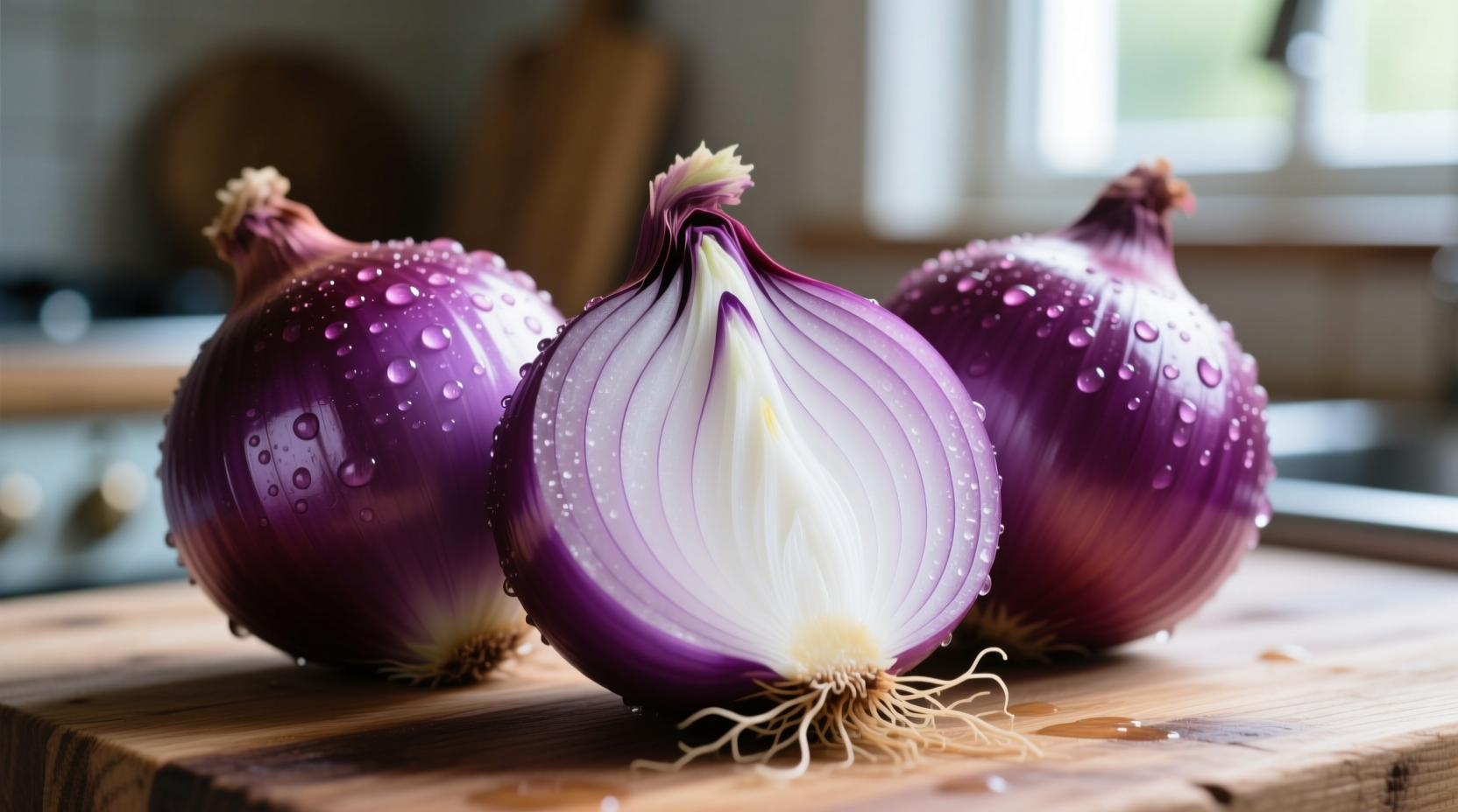 Fresh purple onions with vibrant skin and white interior