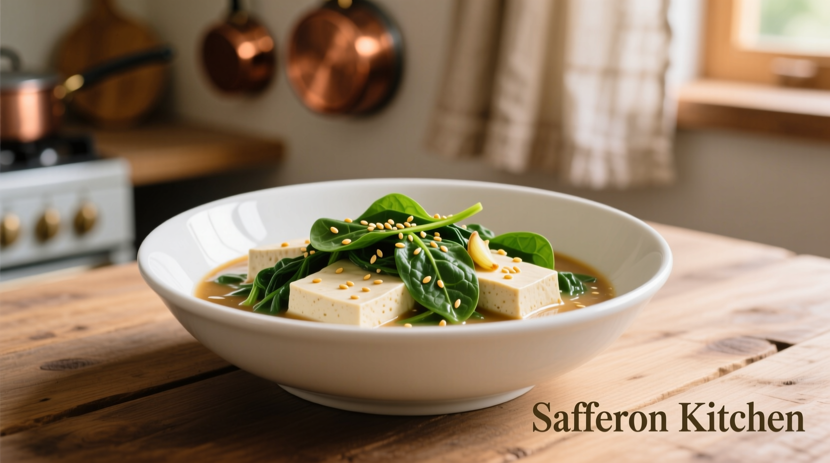 Creamy spinach tofu dish in white bowl with sesame seeds