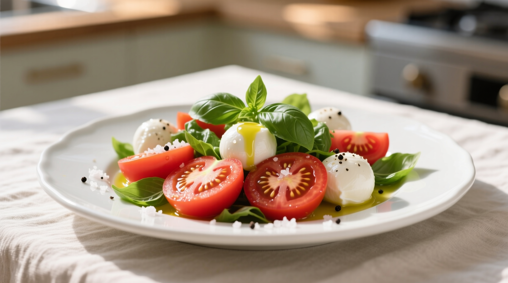 Fresh tomato mozzarella basil salad on white plate