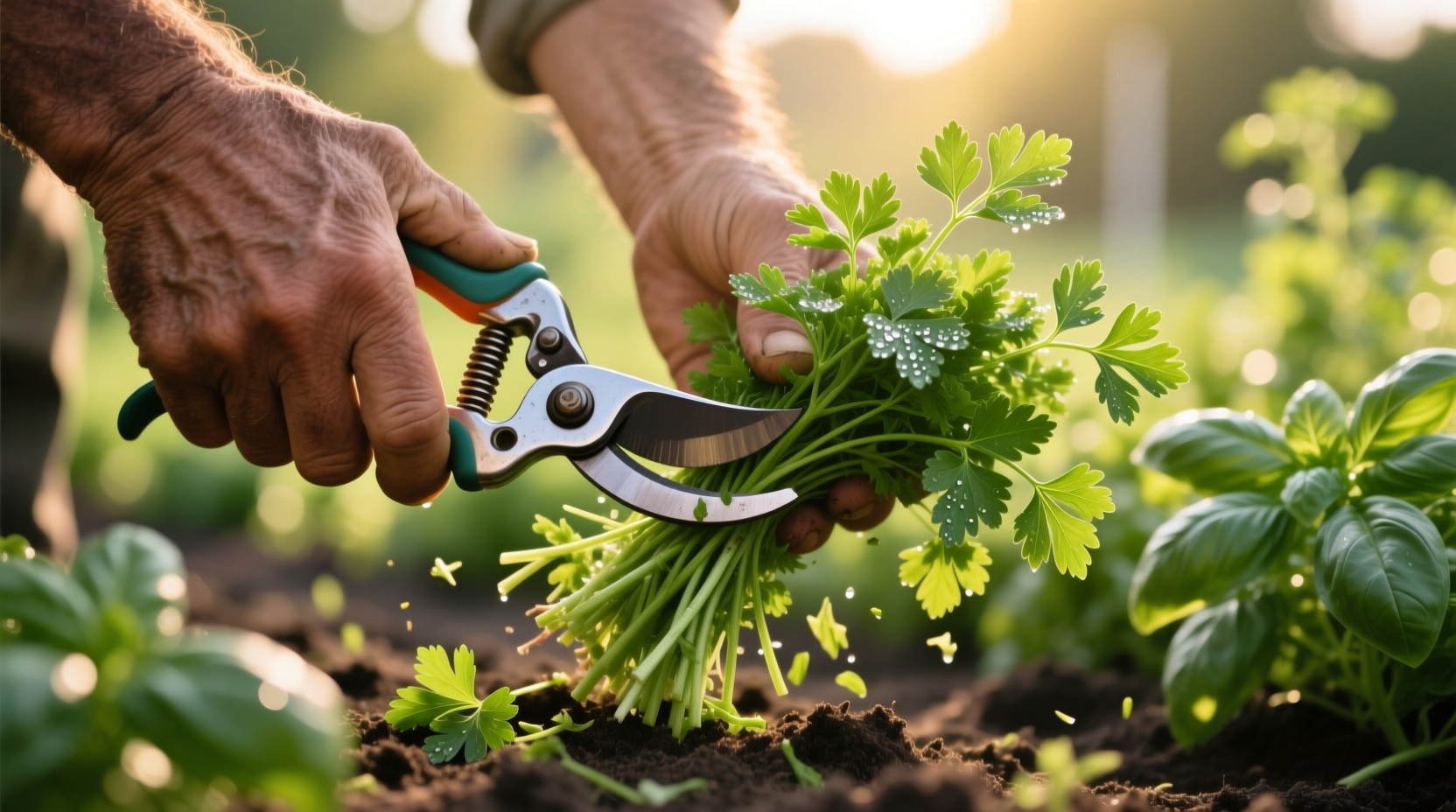 Hand harvesting fresh parsley with pruning shears
