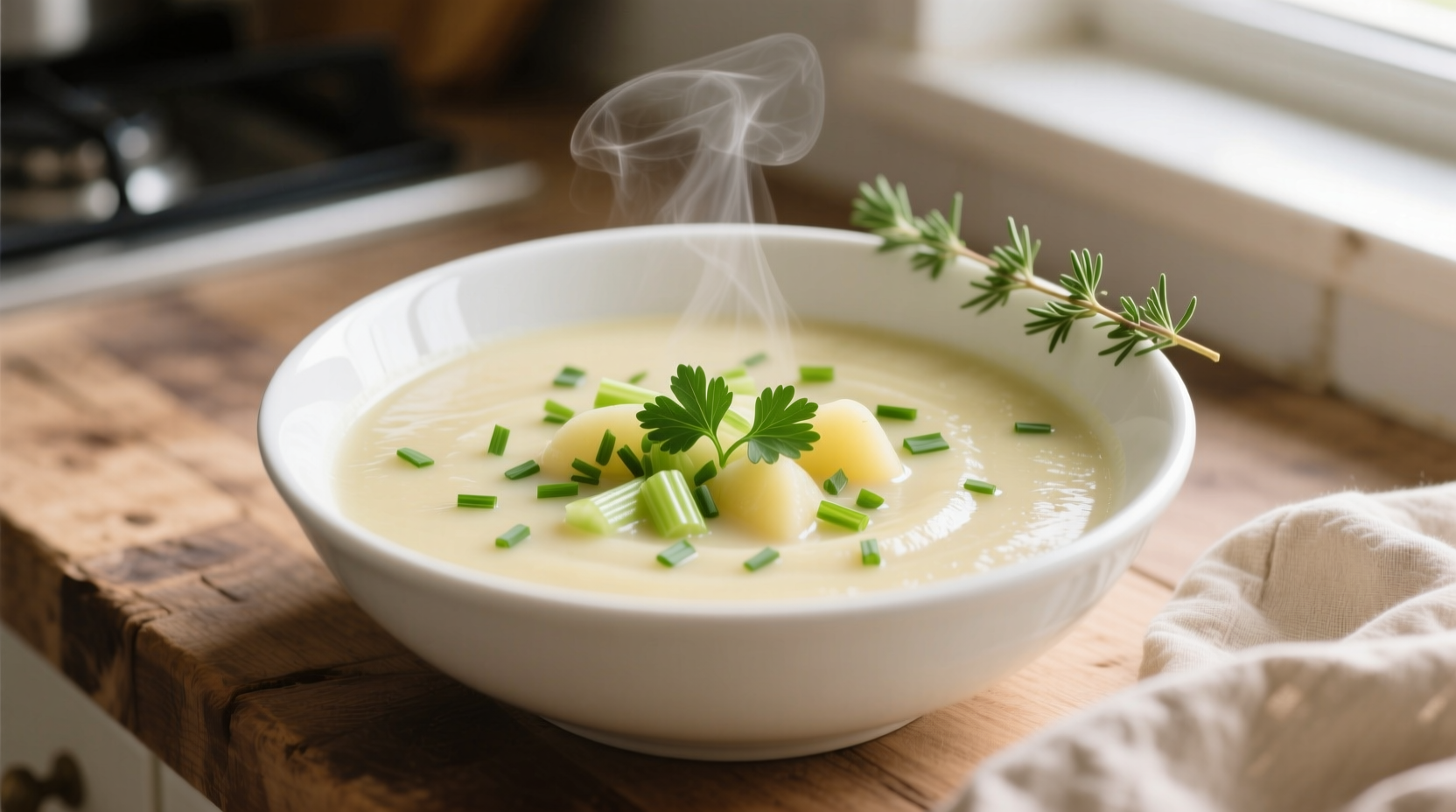 Creamy celery and potato soup in white bowl with fresh herbs