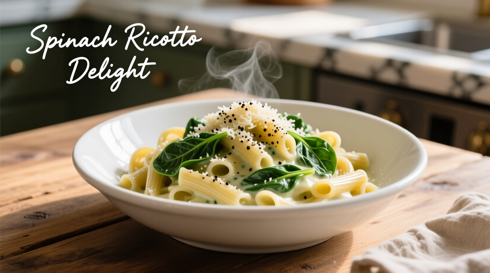 Creamy spinach ricotta pasta in white bowl