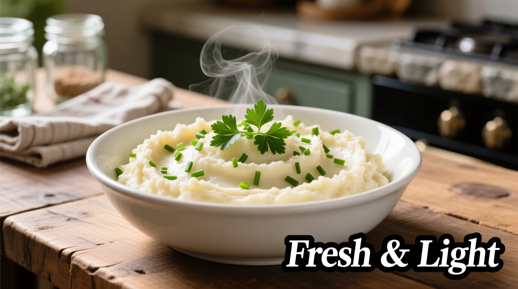 Creamy mashed cauliflower in white bowl with herbs