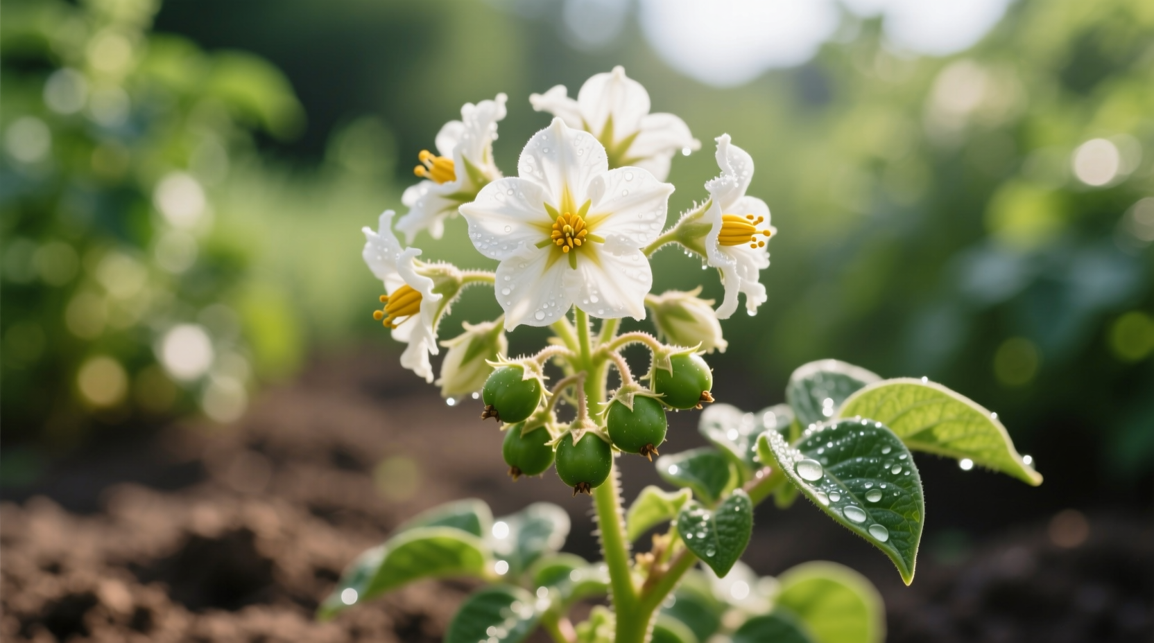 Close-up of potato plant with flowers and small green berries