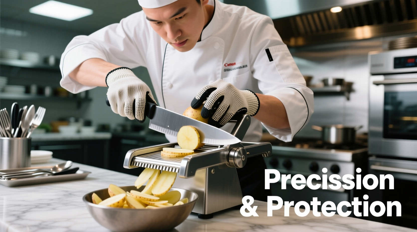 Professional chef using cut-resistant glove with mandolin potato cutter