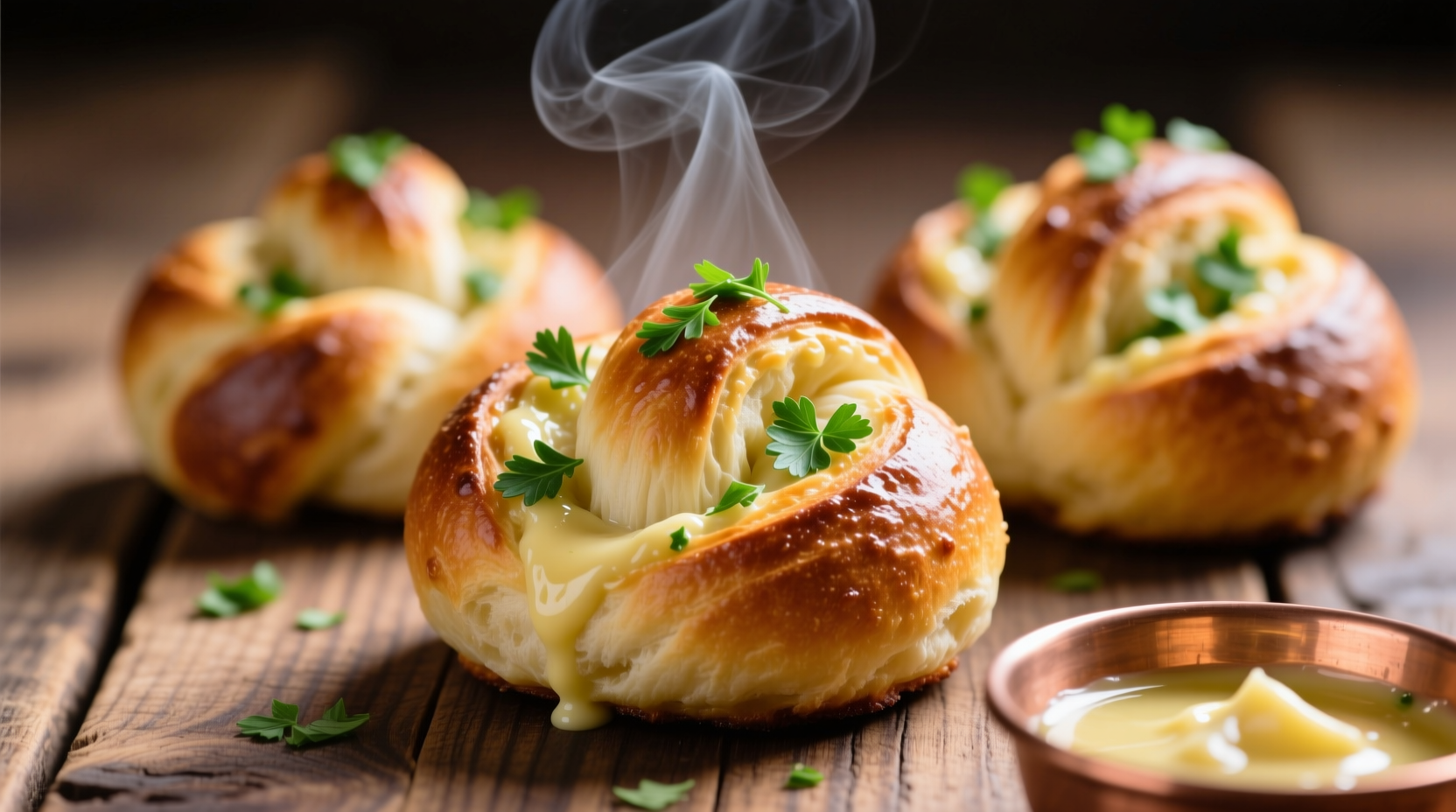 Freshly baked garlic knots with parsley garnish