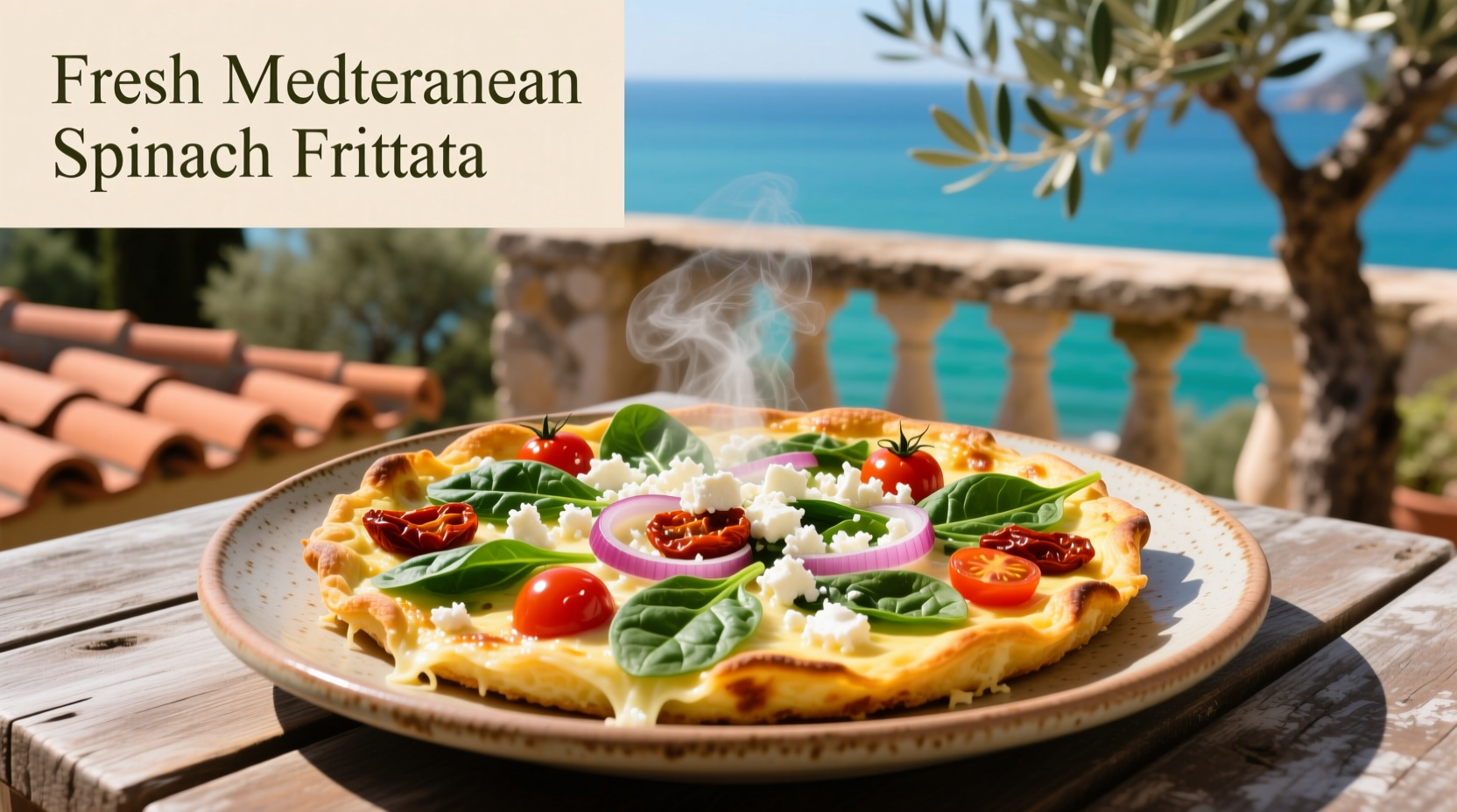 Colorful Mediterranean spinach frittata with feta cheese