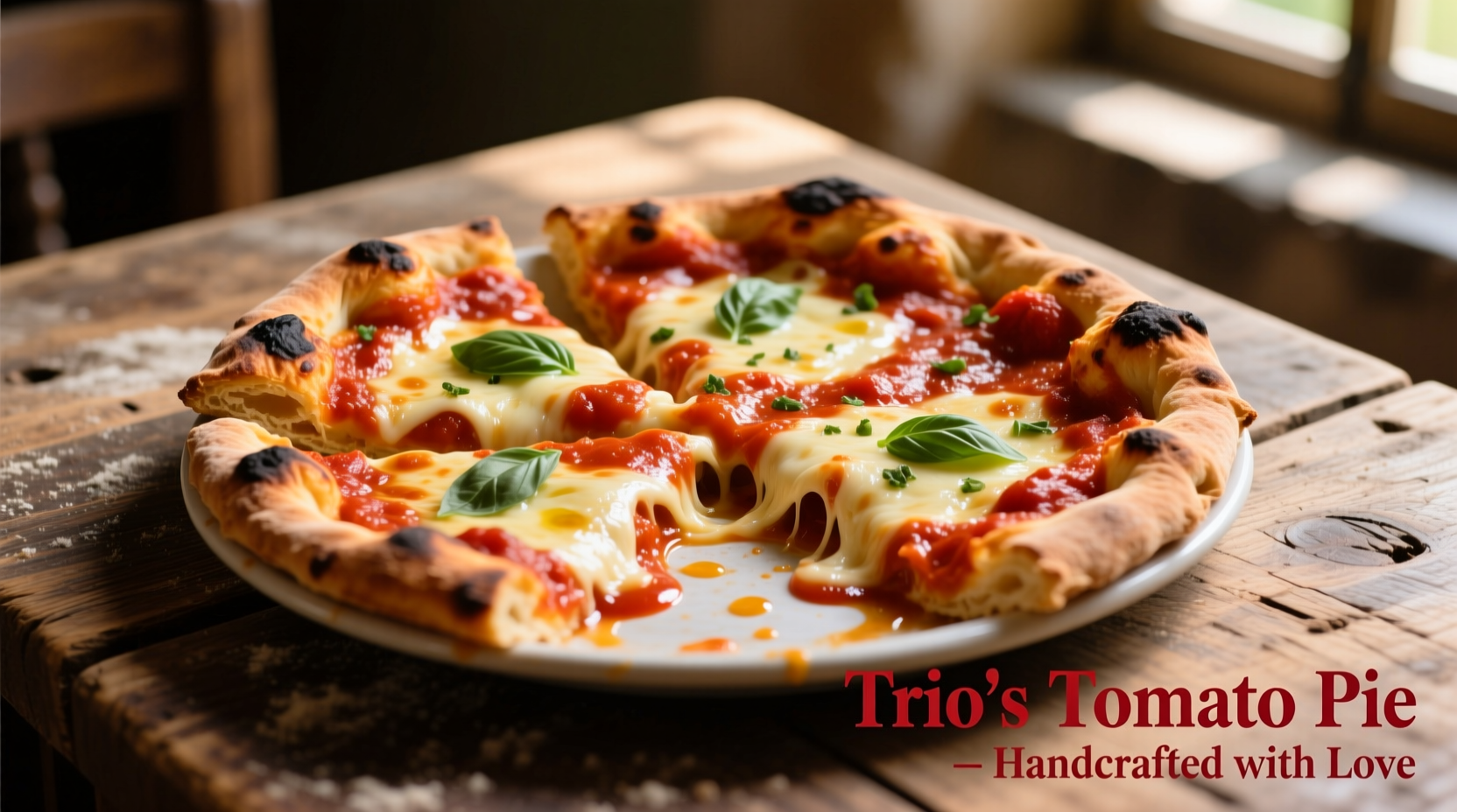 Trio's tomato pie with melted cheese under tomato sauce