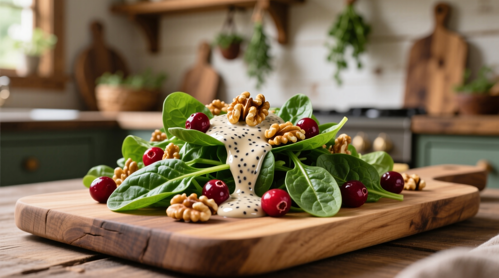 Fresh spinach cranberry salad with walnuts and poppy seed dressing