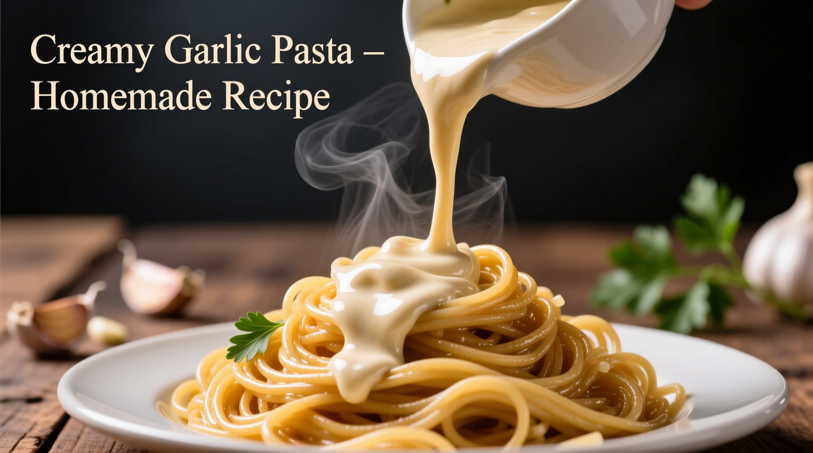 Creamy garlic sauce being poured over pasta