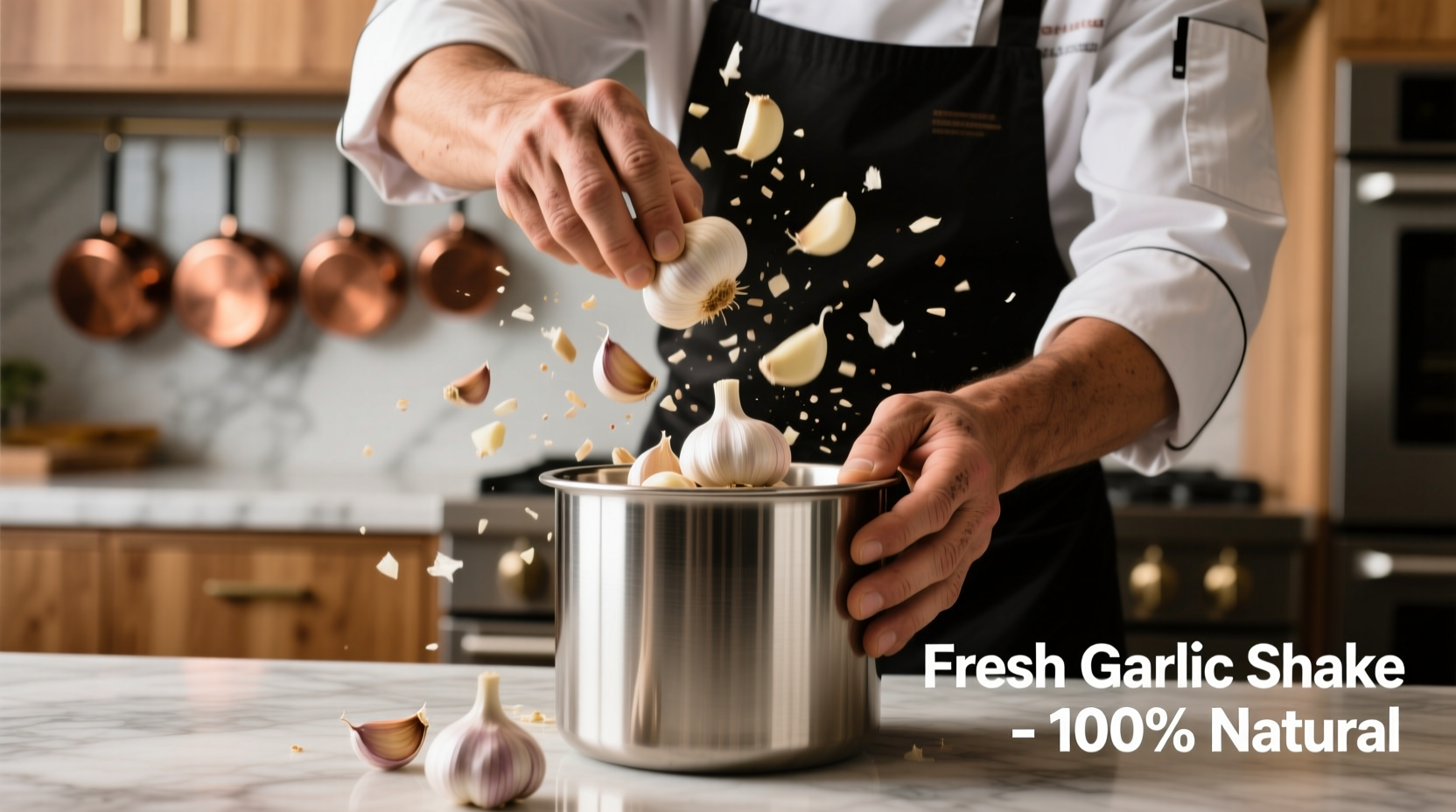 Chef shaking garlic cloves in metal container