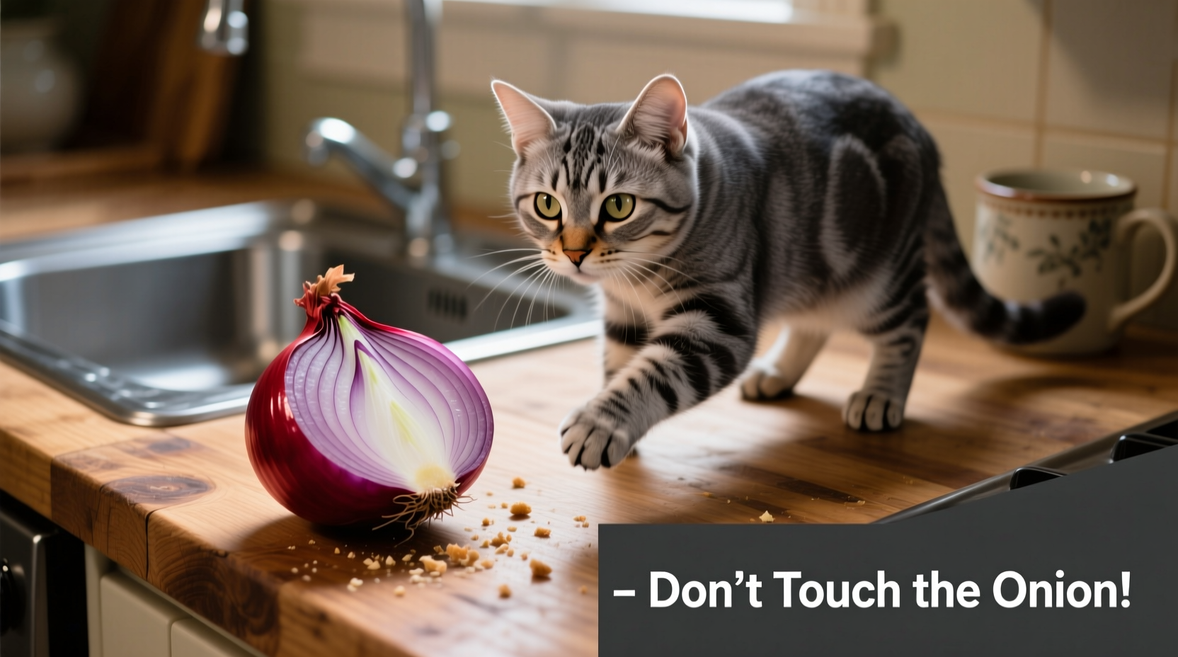 Cat avoiding onion on kitchen counter