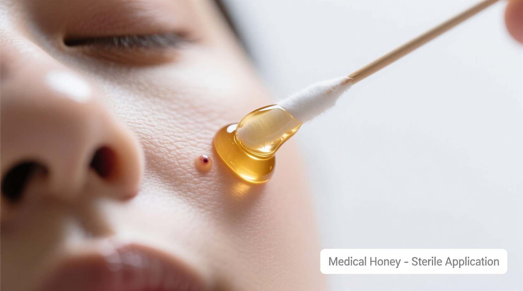 Applying medical honey to minor pimple with cotton swab