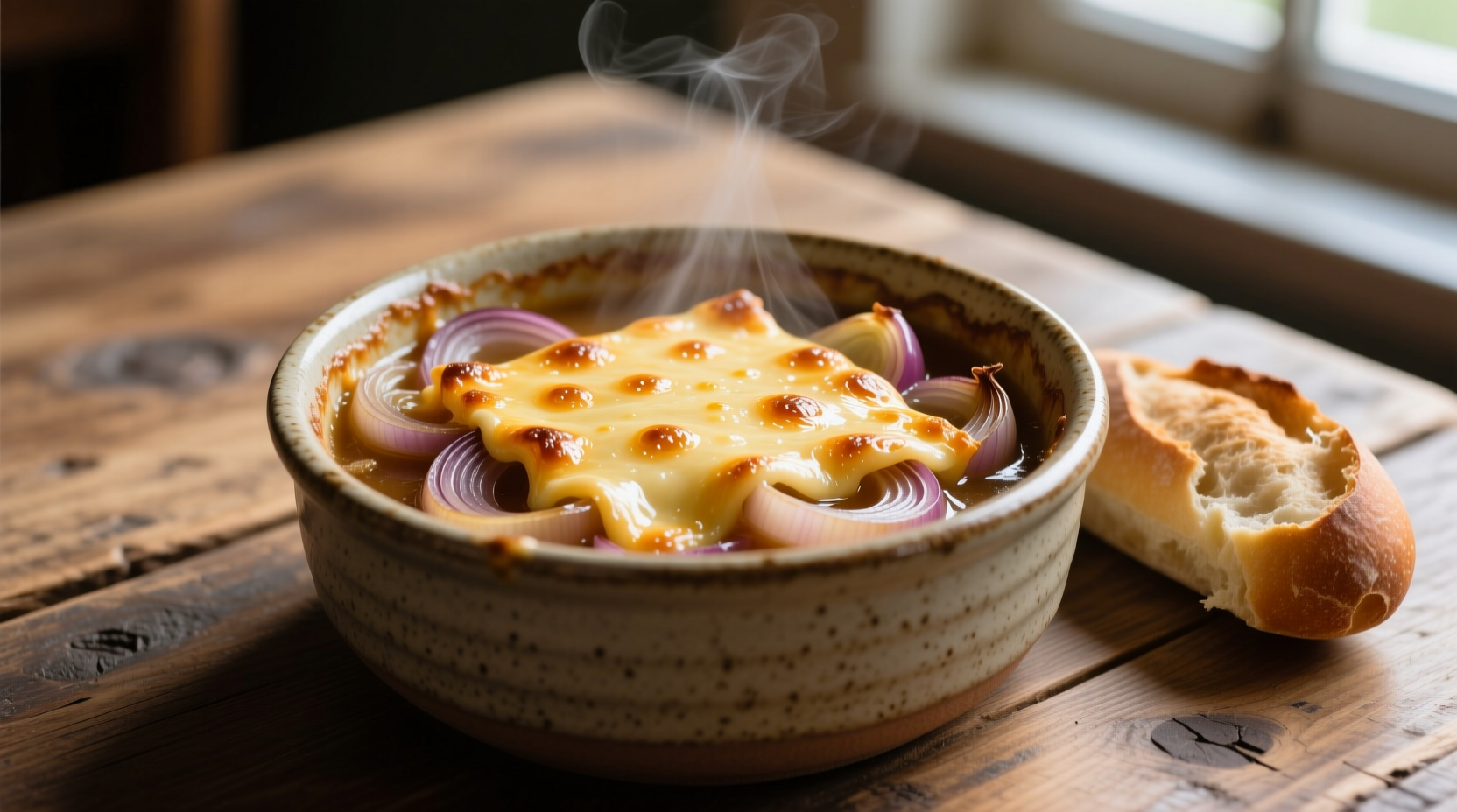Traditional French onion soup in ceramic bowl with melted cheese