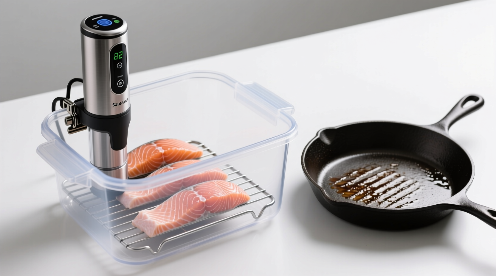 A compact sous vide immersion circulator clipped to the side of a clear 12-quart polycarbonate container, with three perfectly cooked salmon fillets resting on a stainless steel rack beside a cast-iron skillet showing light sear marks. No clutter, no branding—just functional clarity.