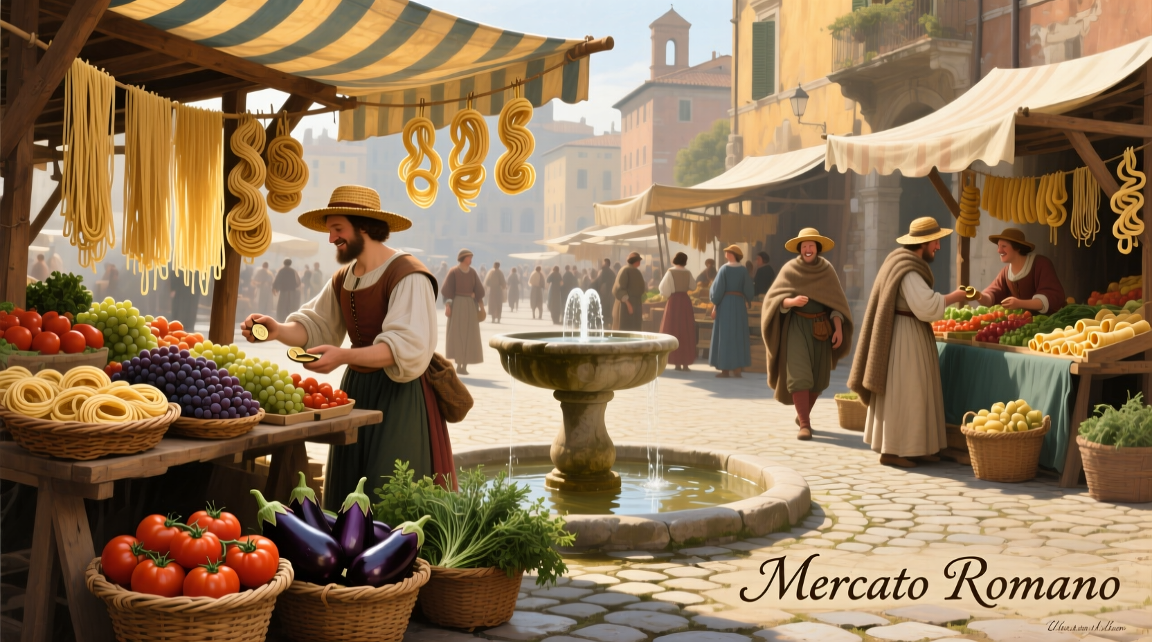 Traditional Roman market with fresh produce and pasta