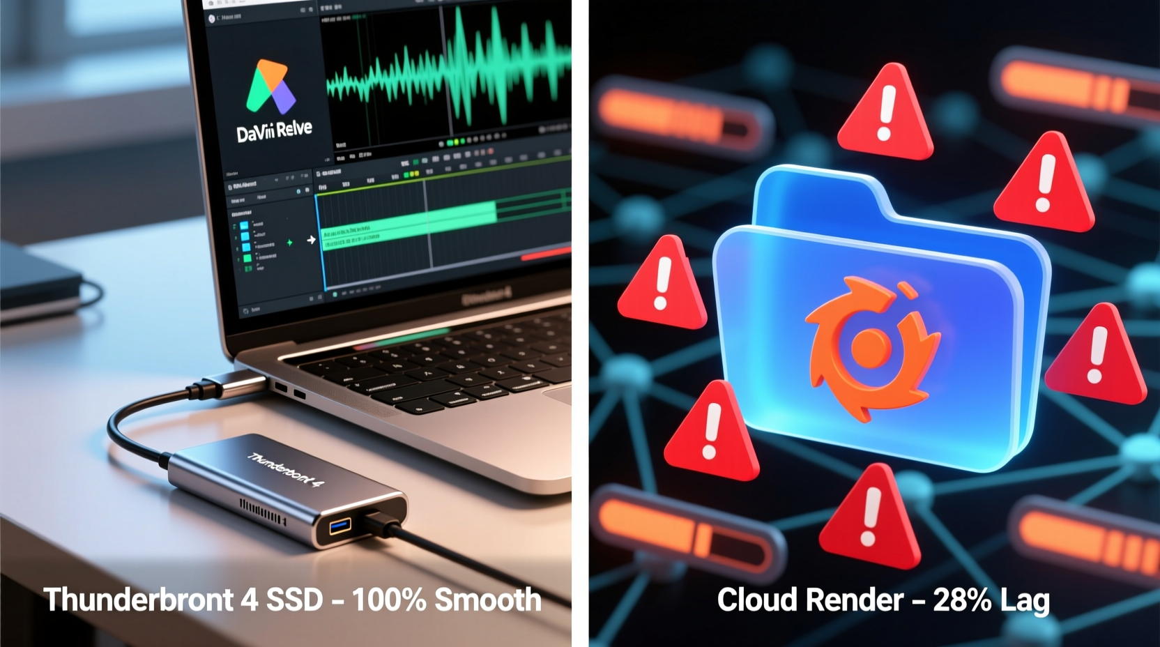 Side-by-side visual: Left shows a Thunderbolt 4 external SSD connected directly to a laptop running DaVinci Resolve with smooth 4K playback waveform; right shows a cloud folder icon overlaid with red 'lag' warning symbols and a spinning render wheel