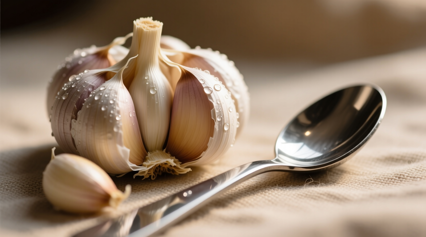 Garlic cloves next to teaspoon measurement