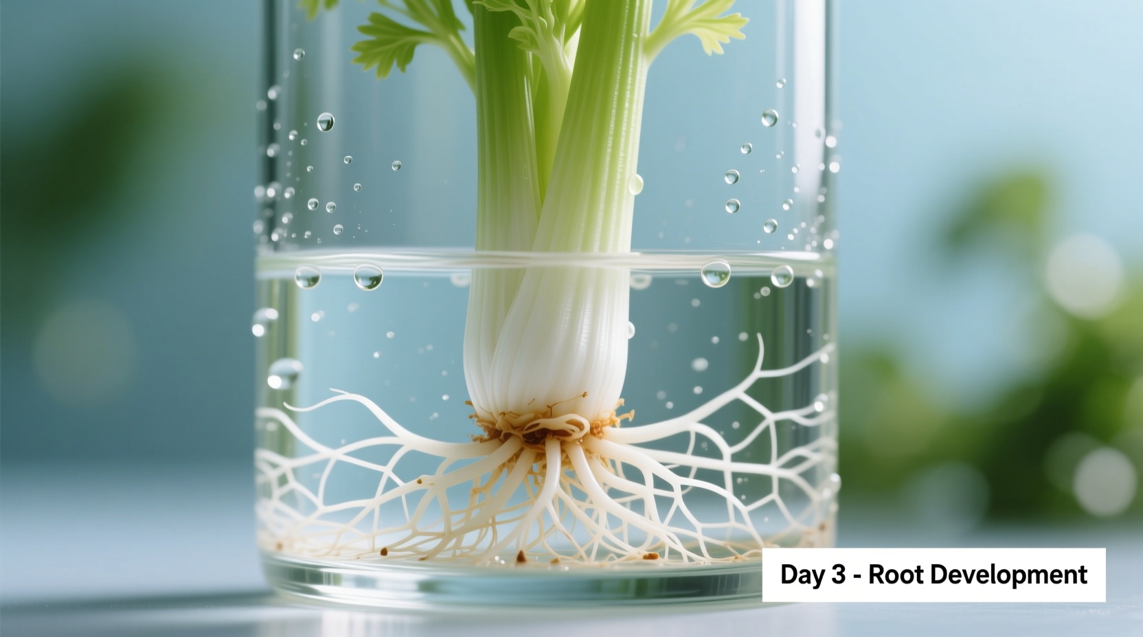 Celery base developing roots in water after 3 days