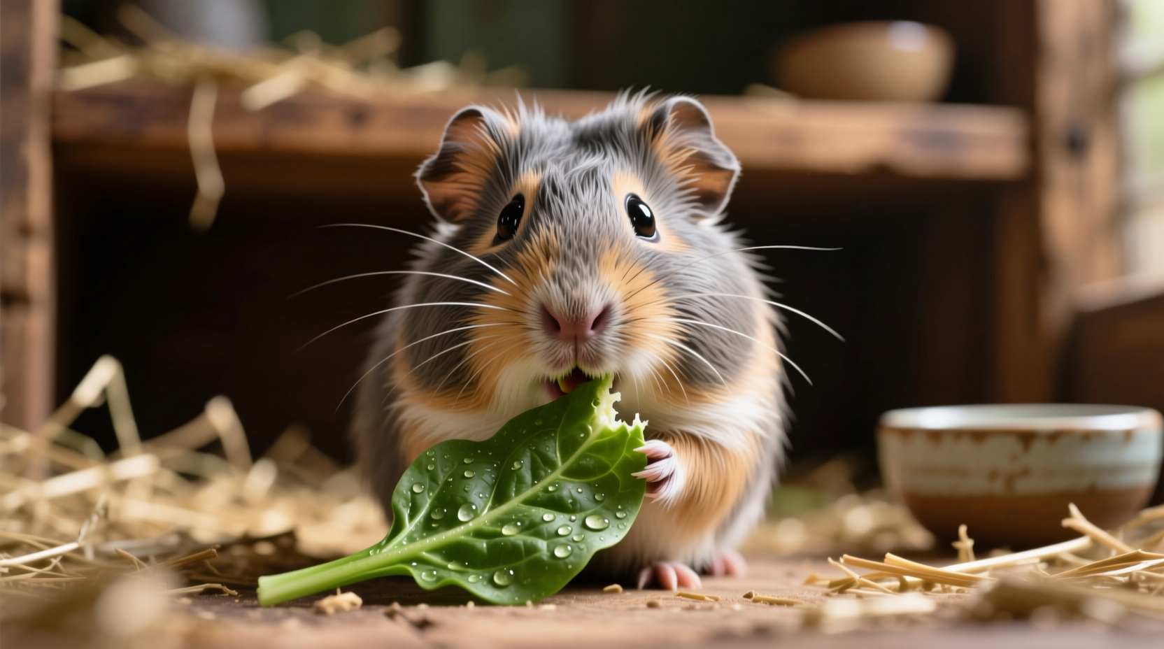 Guinea pig carefully eating small piece of spinach