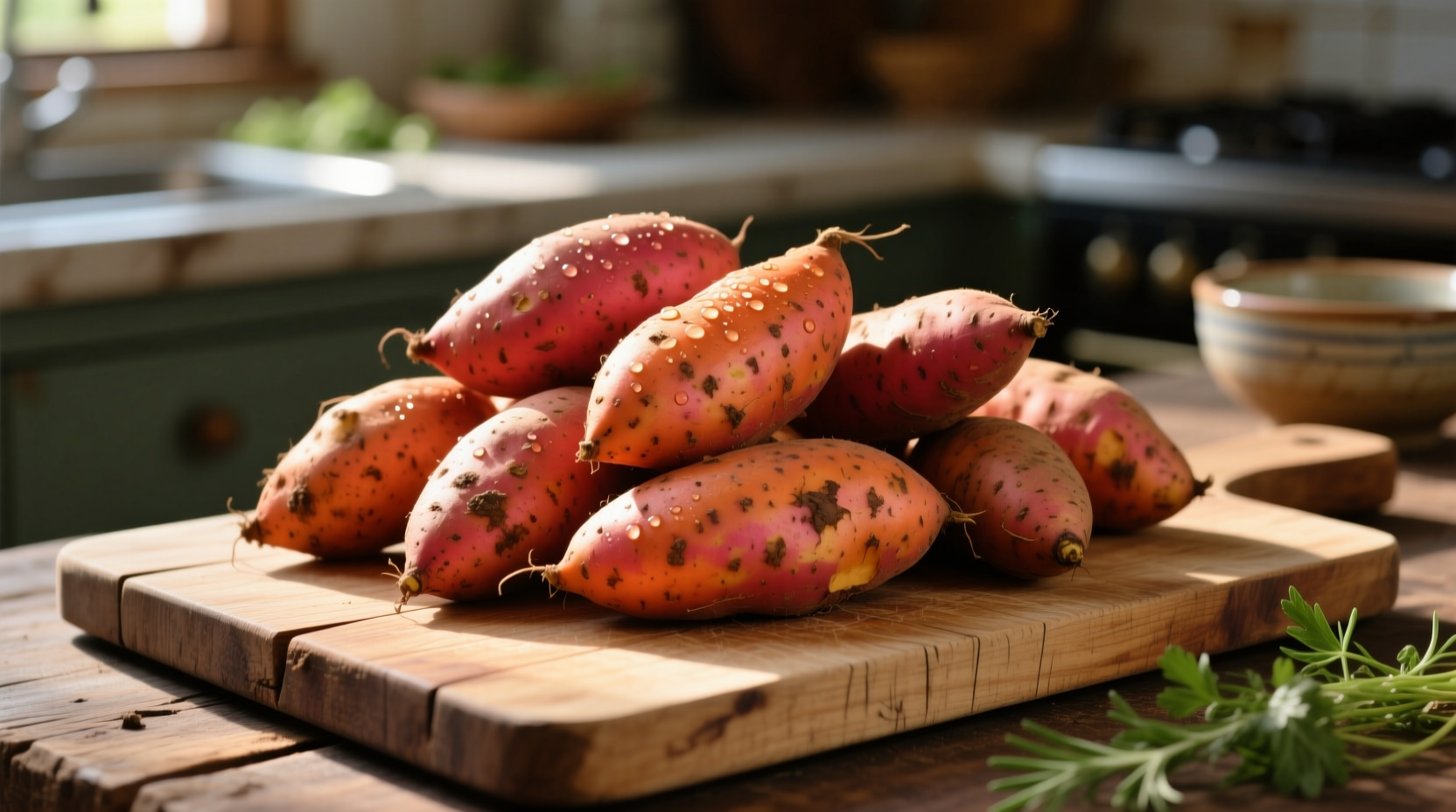 Fresh sweet potatoes arranged on wooden cutting board
