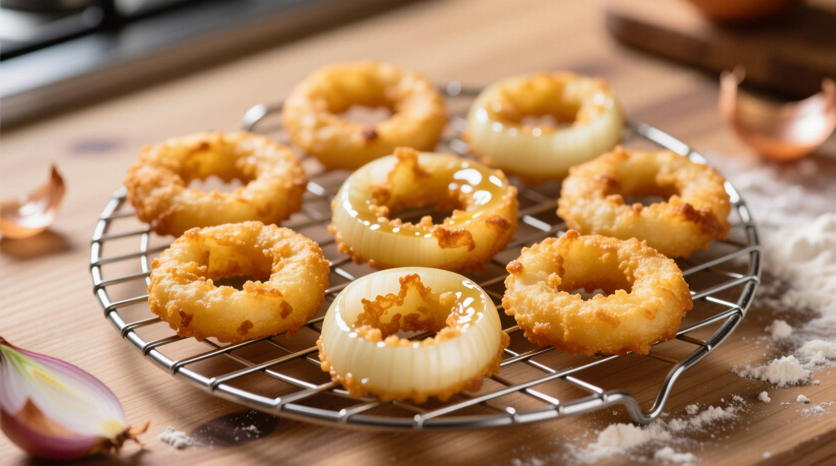 Crispy golden homemade onion rings on wire rack