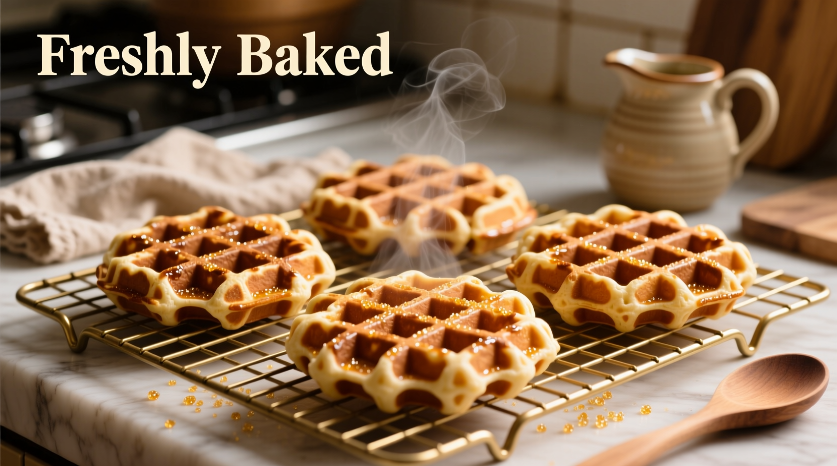 Perfect golden brown waffles on a cooling rack