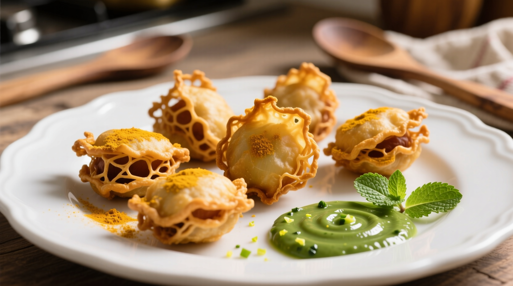 Golden onion bhajis on white plate with mint chutney