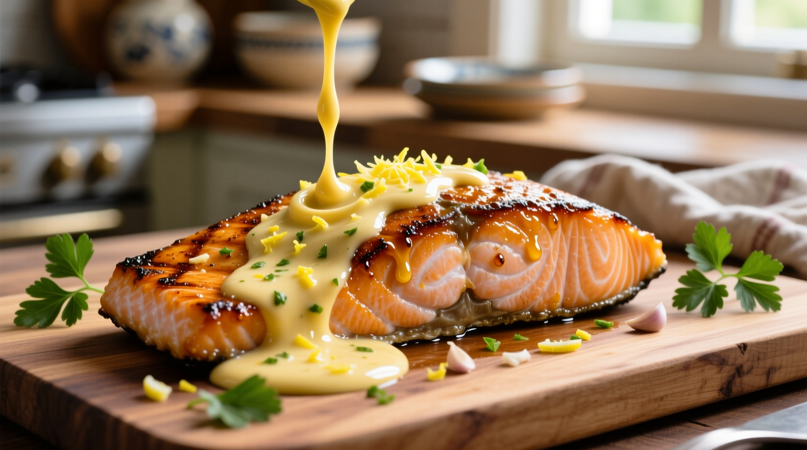 Homemade butter lemon garlic sauce drizzled over grilled salmon
